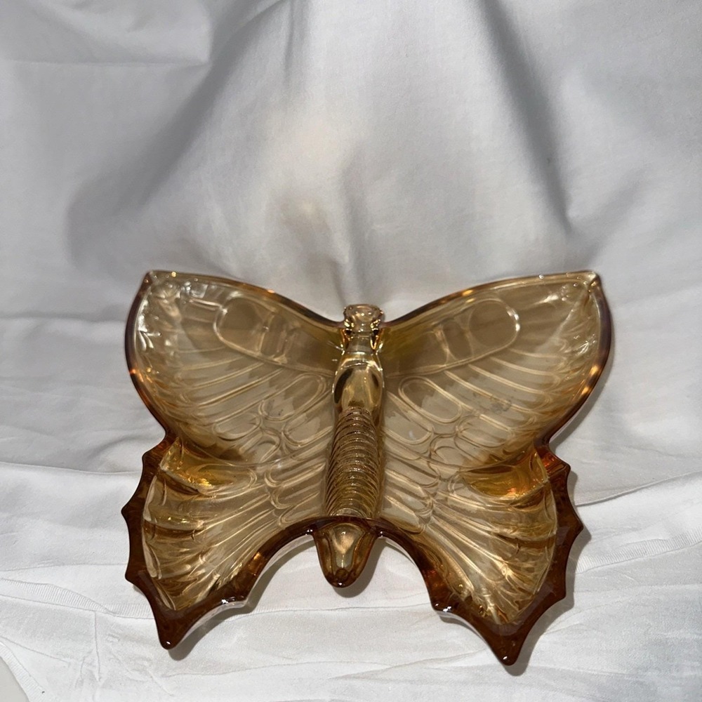 Vtg Iridescent Amber Carnival Glass Butterfly‎ 6" Trinket Candy Dish